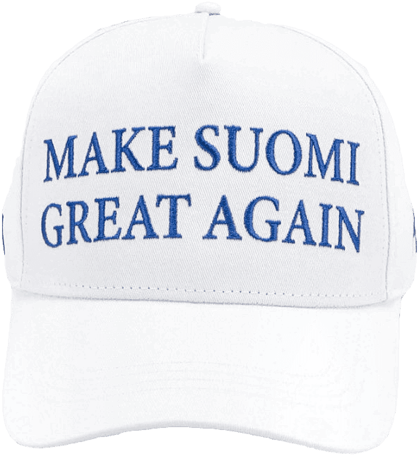 Valkoinen lippis, brodeerattu MAKE SUOMI GREAT AGAIN