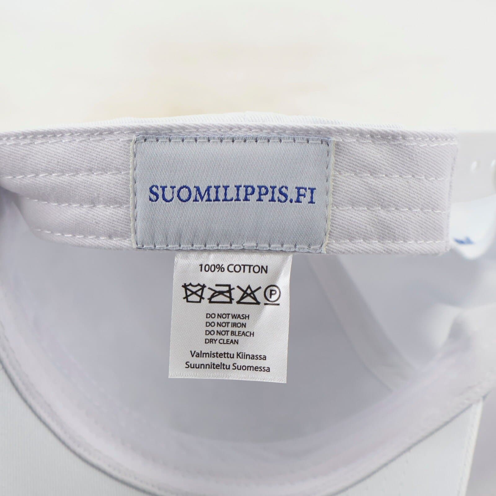 Valkoisen lippiksen sisämerkki SUOMILIPPIS.FI ja hoito-ohjeet