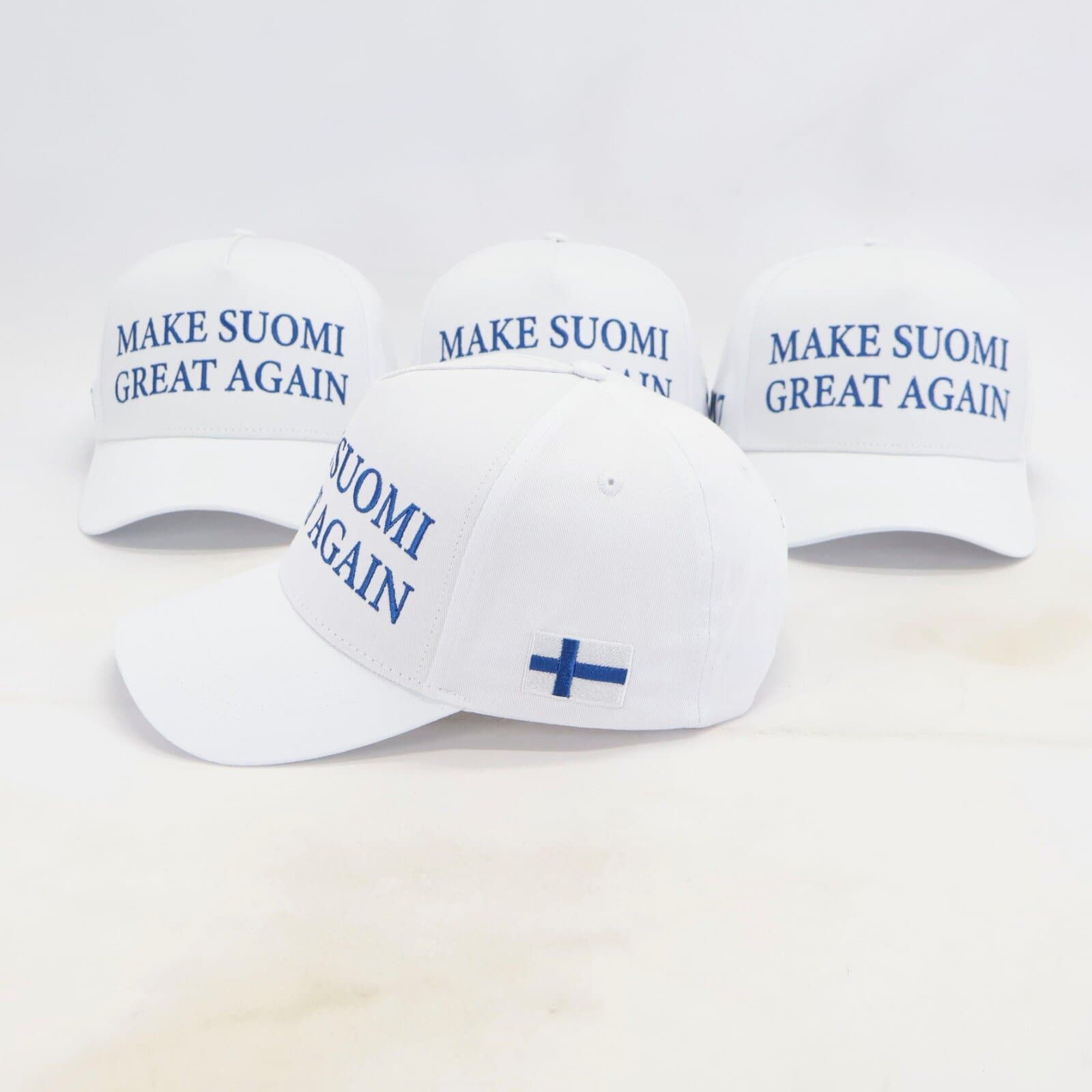 Valkoinen lippis oikealta, brodeerattu Suomen lippu
