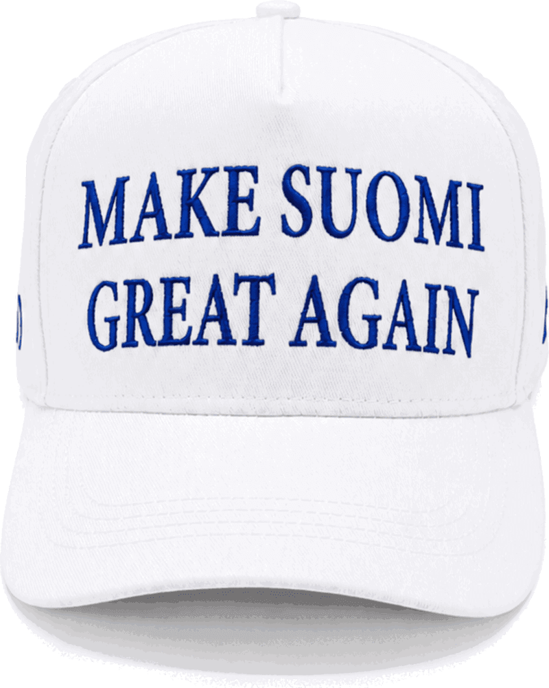Valkoinen lippis, brodeerattu MAKE SUOMI GREAT AGAIN